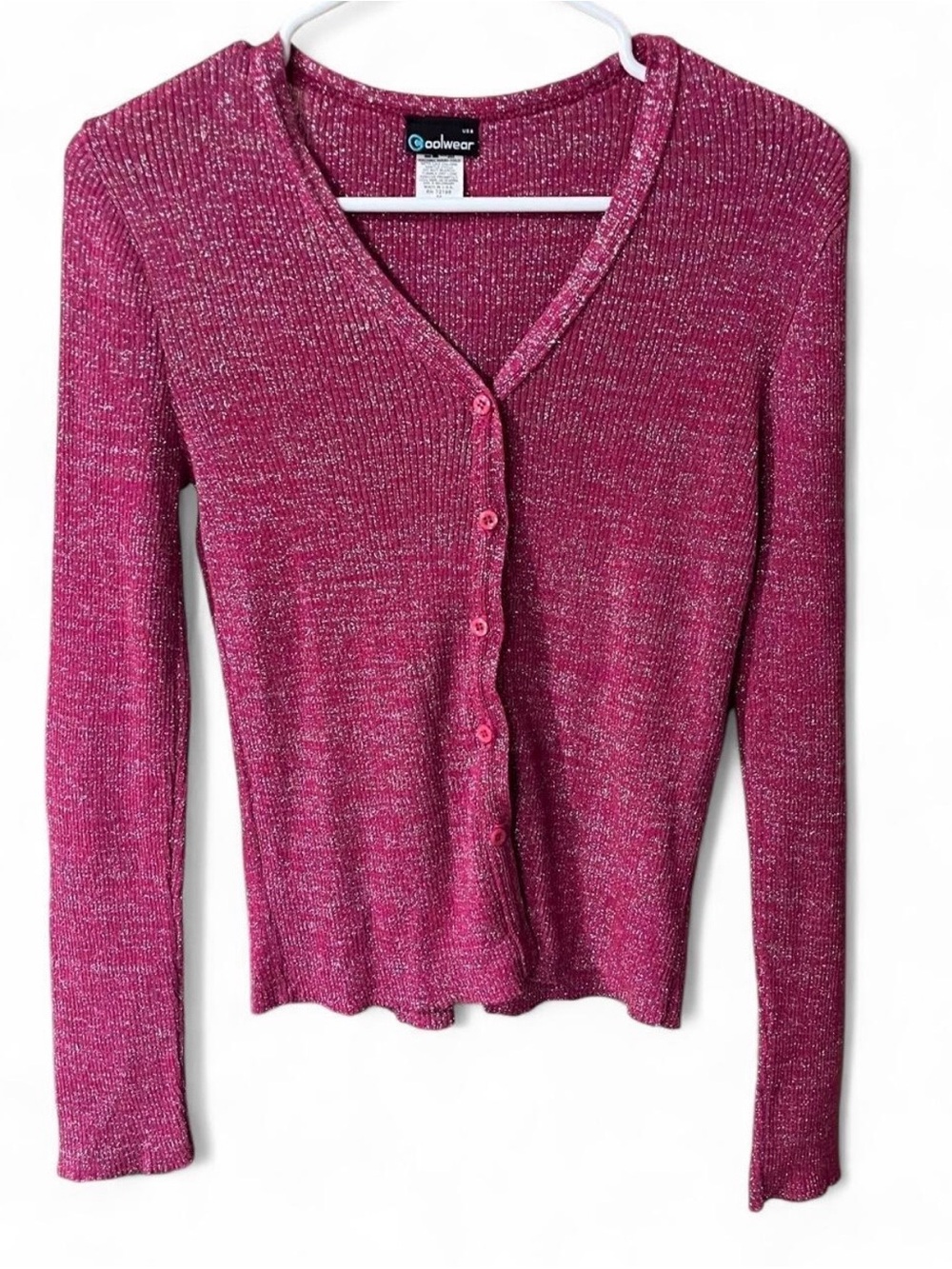 Vintage Coolwear Pink Glitter V-Neck Button-Up Sweater